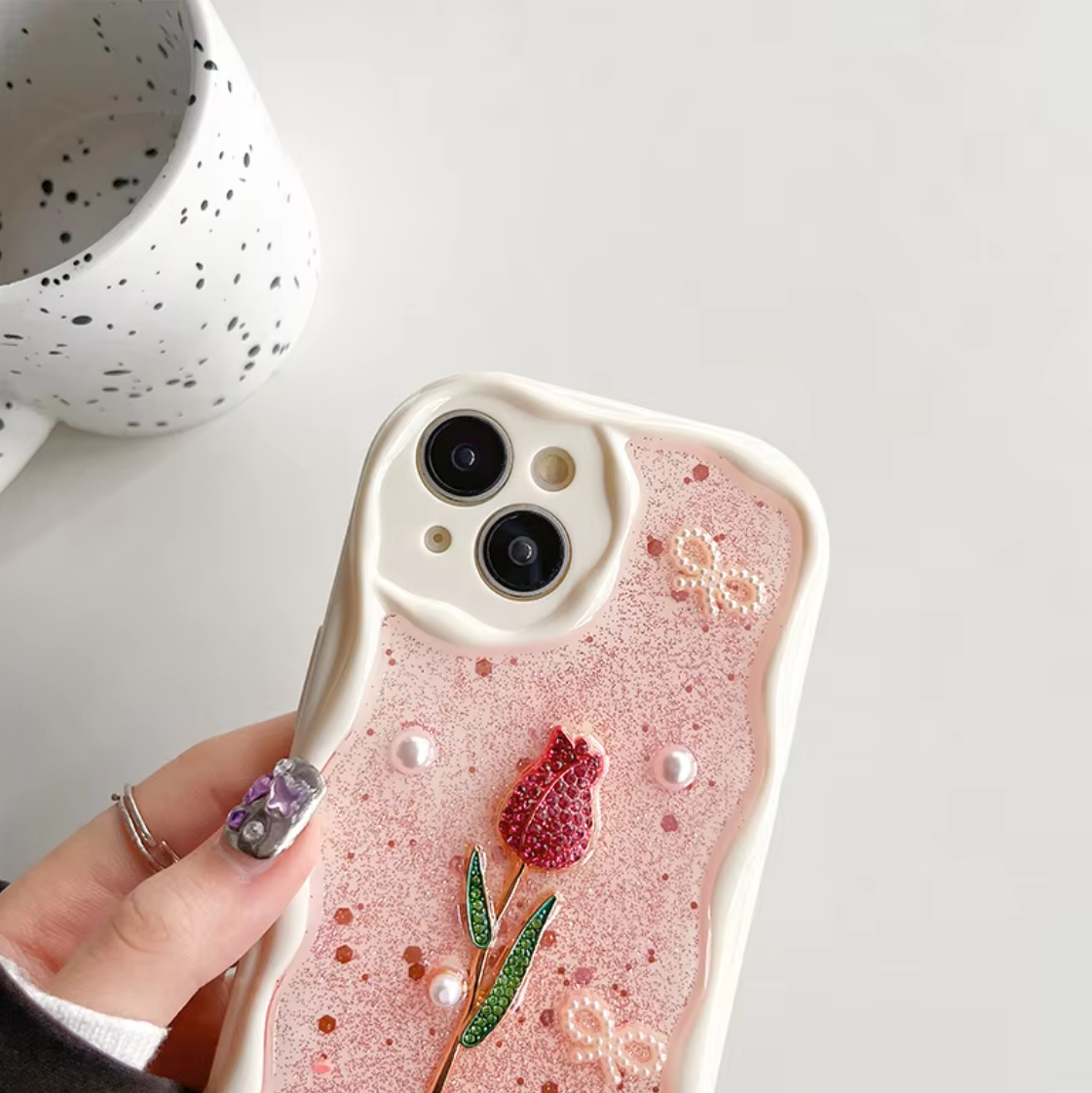 Korean Resin Art Tulip & Pearl iPhone Case