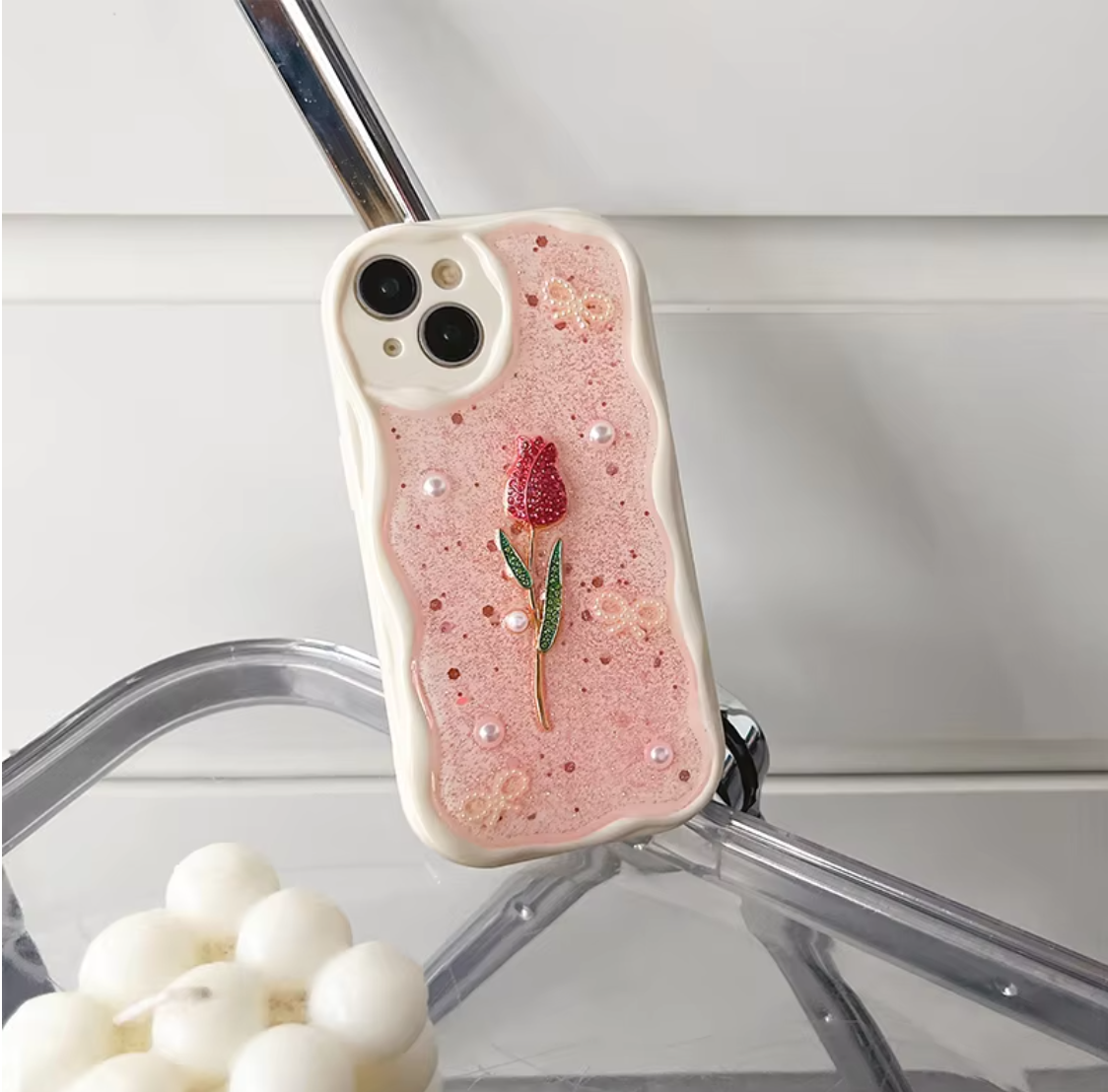 Korean Resin Art Tulip & Pearl iPhone Case